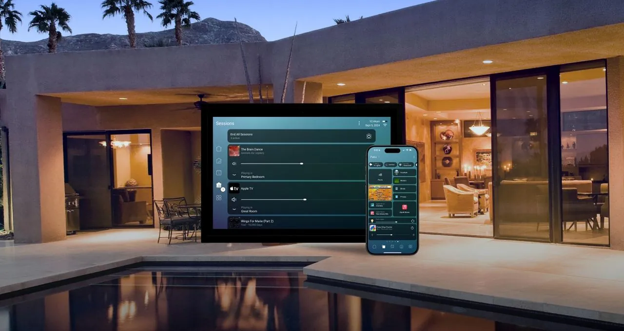 Modern desert home at dusk with integrated control