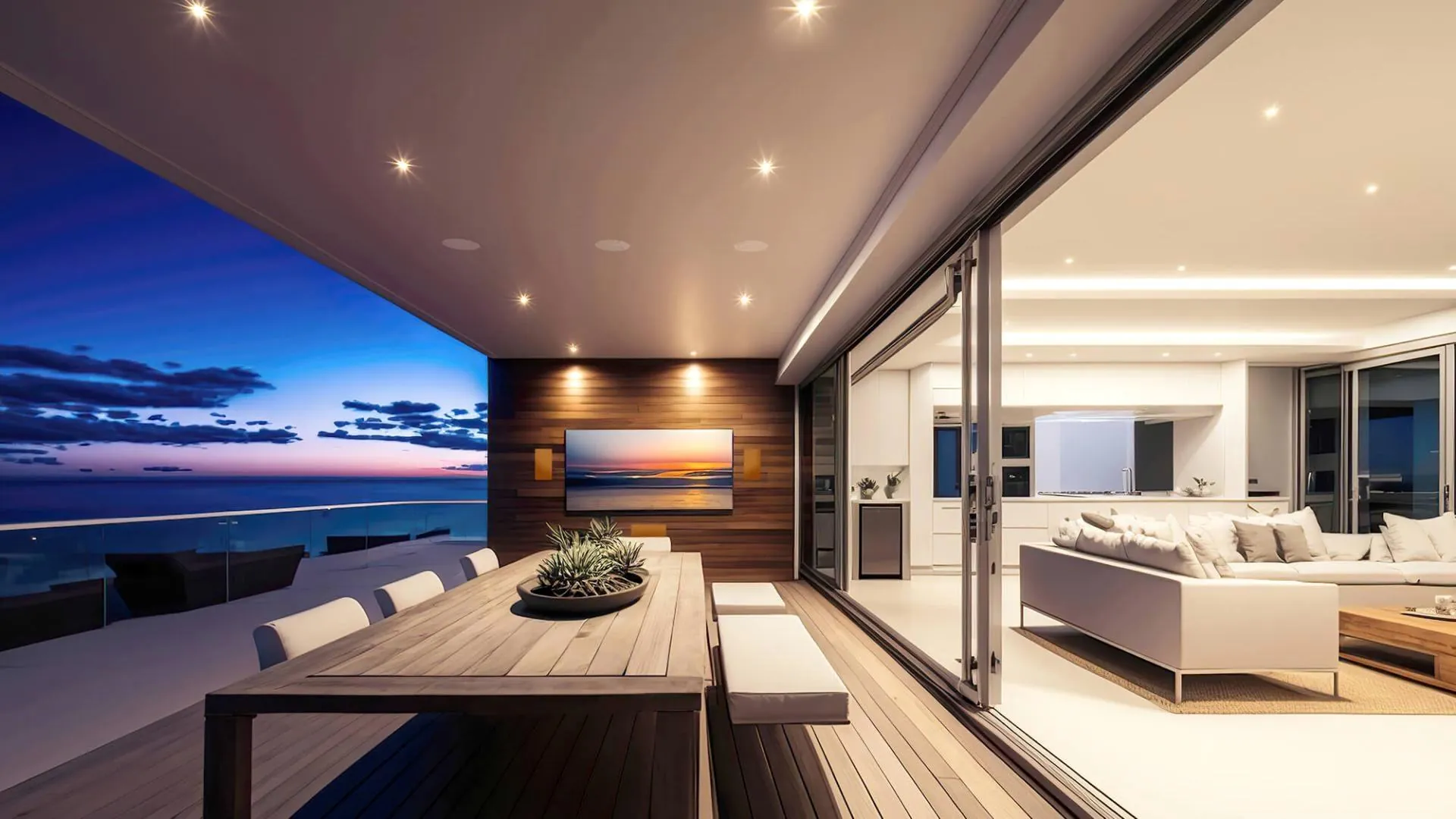 A luxury home at dusk with integrated lighting, audio and video